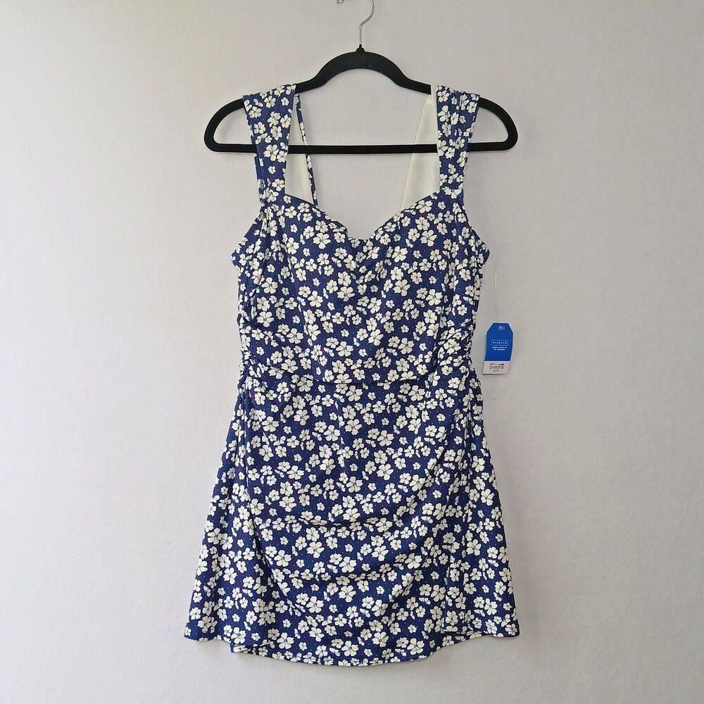 NWT Lands End Navy Blue One Piece Bathing Suit Floral Womens Size 12 Lining #901